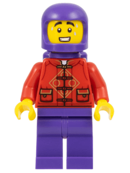 Lunar New Year Parade Participant - Male, Red Tang Shirt, Dark Purple Legs, Space Helmet, and Air Tanks