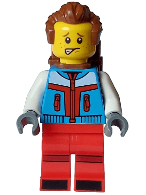 Tourist - Male, Dark Azure Jacket, Red Legs with Dark Red Stripes on Knees, Reddish Brown Swept Back Hair, Freckles, Backpack