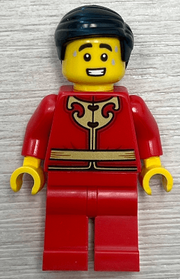 Man - Red Tang Jacket with Gold Chinese Scrollwork, Red Legs, Black Smooth Hair