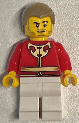 Man - Red Tang Jacket with Gold Chinese Scrollwork, White Legs, Dark Tan Hair