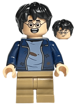Harry Potter - Dark Blue Open Jacket over Sand Blue Shirt with Dirt Stains, Dark Tan Medium Legs, Lopsided Grin / Open Mouth Smile with Teeth Parted
