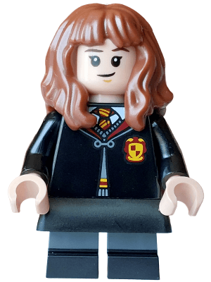 Hermione Granger - Gryffindor Robe Clasped, Black Skirt, Black Short Legs with Dark Bluish Gray Stripes, Grin / Cat Face