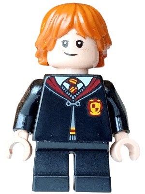 Ron Weasley - Gryffindor Robe Clasped, Sweater, Shirt and Tie, Black Short Legs, Lopsided Grin / Scared Open Mouth, Cheek Lines