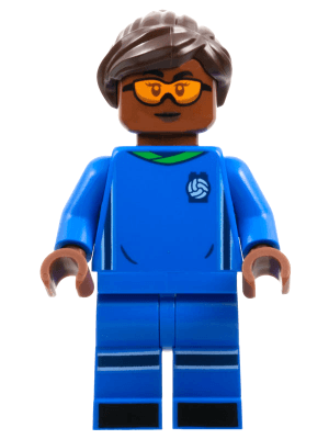 LEGO Soccer Player Female Blue Uniform Reddish Brown Skin Dark Brown Hair Orange Goggles (idea138) Twilight Minifigure