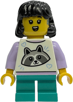 Child - Girl, White Top with Raccoon, Dark Turquoise Short Legs, Black Midlength Hair, Hearing Aid