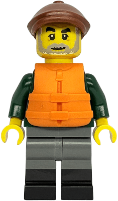 Fisher - Dark Green Open Jacket, Dark Bluish Gray Legs with Black Boots, Reddish Brown Flat Cap, Orange Life Jacket