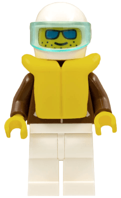 Jacket Brown - White Legs, White Helmet, Trans-Light Blue Visor, Blue Sunglasses, Life Jacket