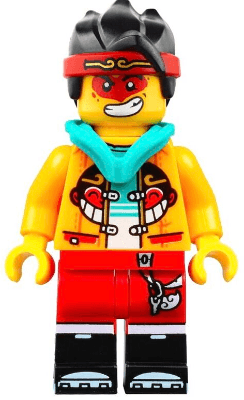 Monkie Kid - Bright Light Orange Open Jacket with Monkey Head Logo, Dark Turquoise Hood, Neutral / Angry with Red Face Paint