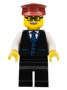 Train Driver - Male, Black Vest with Blue Striped Tie, Black Legs, Dark Red Hat, Glasses and Moustache
