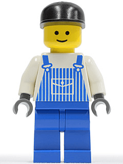 LEGO Overalls Striped Blue with Pocket Black Cap Standard Grin (ovr025) Town / City Minifigure