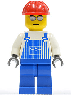 LEGO Overalls Striped Blue with Pocket Red Construction Helmet Silver Glasses and Eyebrows (ovr030) minifigure