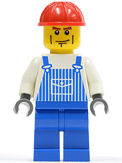 LEGO Overalls Striped Blue with Pocket Red Construction Helmet Cheek Lines (ovr031) Town / City Minifigure