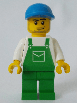 LEGO Overalls Green with Pocket Blue Cap with Short Curved Bill Smirk and Stubble Beard (ovr037a) Town / City Minifigure