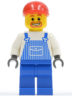 LEGO Overalls Striped Blue with Pocket Red Short Bill Cap Beard Around Mouth (ovr038) Town / City Minifigure