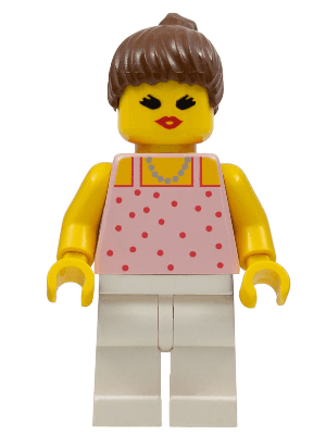 Red Dots on Rose Pink Shirt - White Legs, Brown Ponytail Hair, Open Mouth