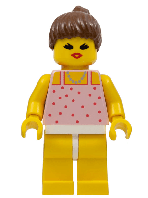 Red Dots on Pink Shirt - Yellow Legs, Brown Ponytail Hair, Open Mouth