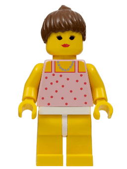 Red Dots on Pink Shirt - Yellow Legs, Brown Ponytail Hair, Closed Mouth