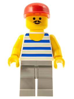 Horizontal Blue and Light Green Stripes, Light Gray Legs, Red Cap