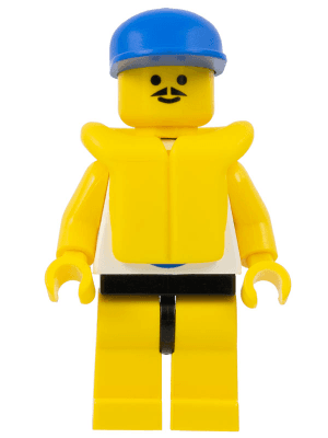 Surfboard on Ocean - Yellow Legs, Blue Cap, Life Jacket