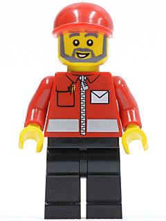 LEGO Post Office White Envelope and Stripe Red Short Bill Cap Gray Beard (post008) Town / City Minifigure