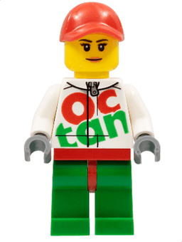 LEGO Race Car Female Mechanic White Octan Racing Suit with Silver Zipper Red Cap with Hole Nougat Lips (rac060) minifigure
