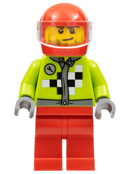 LEGO Lime Jacket with Wrench and Black and White Checkered Pattern Trans-Clear Visor (rac061) minifigure