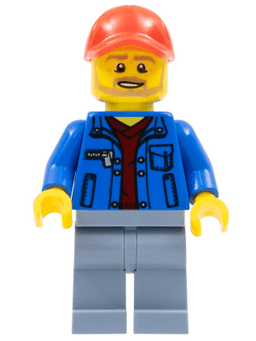 Race Marshal - Male, Blue Jacket over Dark Red V-Neck Sweater, Sand Blue Legs, Red Cap with Hole, Beard