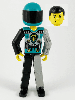 LEGO Technic Figure Black/Light Gray Legs Dark Turquoise Torso with Yellow Black Silver Pattern Light Gray Mechanical Left Arm Dark Turquoise Helmet (tech001b) minifigure