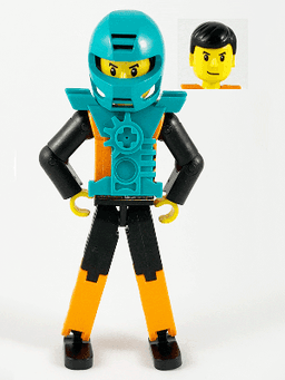 LEGO Technic Figure Orange/Black Legs Black Hair Dark Turquoise Helmet and Armor (tech027a) minifigure