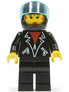 Leather Jacket with Zippers - Black Legs, Black Helmet, Trans-Light Blue Visor, Female
