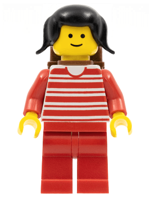 Horizontal Lines Red - Red Arms - Red Legs, Black Pigtails Hair, Brown Backpack