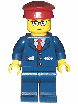 LEGO Dark Blue Suit with Train Logo Dark Red Hat Rectangular Glasses (trn115) Trains Minifigure