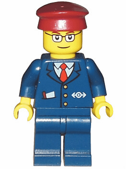Dark Blue Suit with Train Logo, Dark Blue Legs, Dark Red Hat, Rectangular Glasses - Passenger Train Engineer