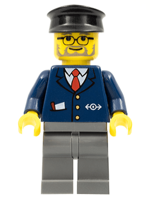 LEGO Dark Blue Suit with Train Logo Black Hat Gray Beard (trn122) Trains Minifigure