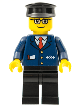 LEGO Dark Blue Suit with Train Logo Brown Eyebrows Black Hat (trn128) minifigure