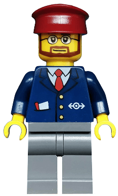 LEGO Dark Blue Suit with Train Logo Dark Red Hat Beard and Glasses (trn148) Trains Minifigure