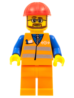 Orange Vest with Safety Stripes - Orange Legs, Red Construction Helmet, Beard and Glasses