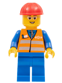 Orange Vest with Safety Stripes - Blue Legs, Gray Frame Glasses, Red Construction Helmet