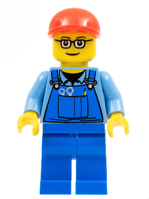 LEGO Overalls with Tools in Pocket Red Short Bill Cap Glasses with Brown Thin Eyebrows (trn227) Trains Minifigure