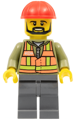 Light Orange Safety Vest, Dark Bluish Gray Legs, Red Construction Helmet, Black Beard