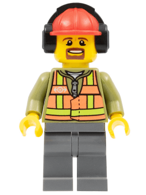 LEGO Light Orange Safety Vest Red Construction Helmet with Black Ear Protectors / Headphones Goate (trn238) Trains Minifigure