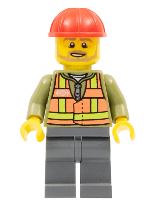 LEGO Light Orange Safety Vest Red Construction Helmet Beard Light Brown Angular (trn239) Trains Minifigure