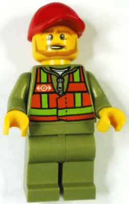 Train Driver - Orange Safety Vest with Lime Straps, Olive Green Legs, Red Cap with Hole, Beard Dark Tan Angular