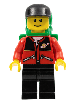 Red Jacket with Zipper Pockets and Classic Space Logo, Black Legs, Black Cap, Green Backpack with Sleeping Bag