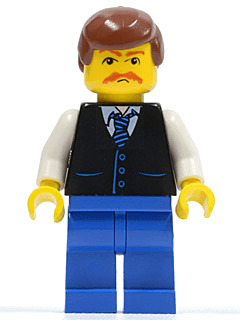 LEGO Black Vest with Blue Striped Tie Reddish Brown Male Hair Moustache (twn033) Town / City Minifigure