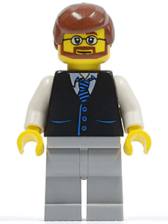 LEGO Black Vest with Blue Striped Tie Reddish Brown Male Hair Beard and Glasses (twn048) minifigure