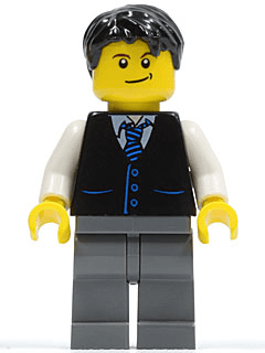 LEGO Black Vest with Blue Striped Tie Black Short Tousled Hair (twn049) minifigure