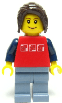 LEGO Red Shirt with 3 Silver Logos Dark Brown Hair Ponytail Long with Side Bangs (twn051) Town / City Minifigure