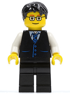 LEGO Black Vest with Blue Striped Tie Black Short Tousled Hair Glasses (twn052) minifigure