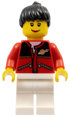LEGO Red Jacket with Zipper Pockets and Classic Space Logo Black Female Ponytail Hair Brown E (twn056) Town / City Minifigure